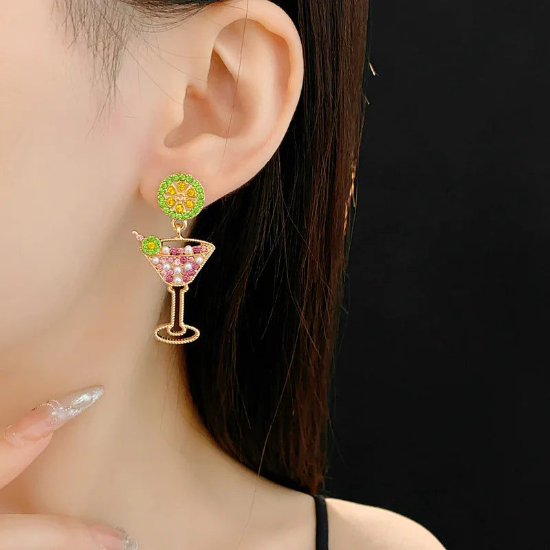 Vintage Lime Wine Glass Earrings for Women Temperament Light Luxury Inlaid Rhinestone Pearl Earring High-grade Sense Jewelry