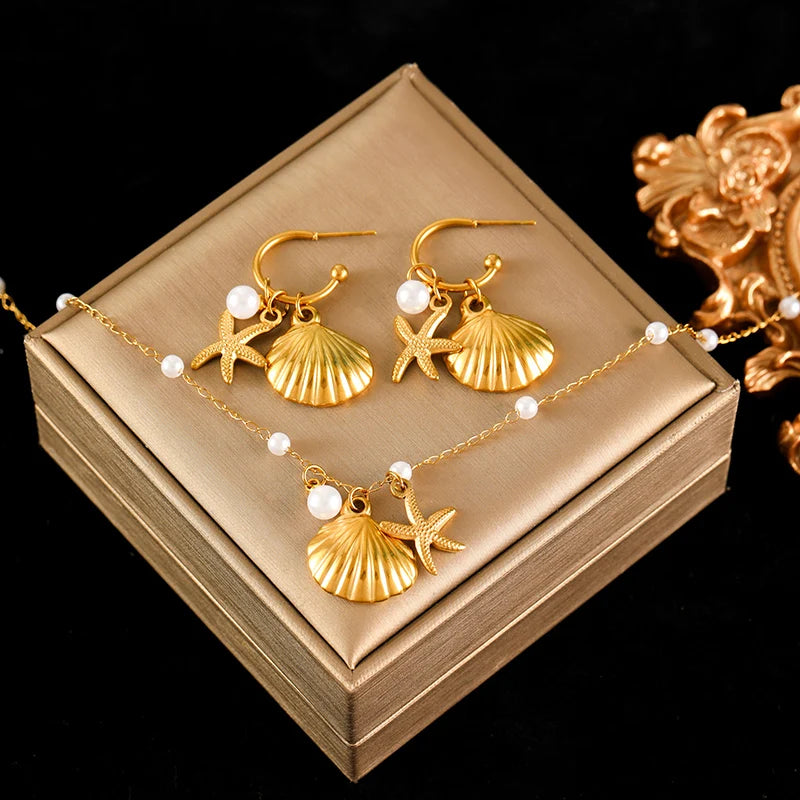 EILIECK 316L Stainless Steel Gold Color Starfish Shell Pearl Necklace Earrings Set For Women Trendy Waterproof Jewelry Lady Gift