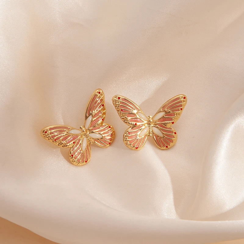 ANENJERY 316L Stainless Steel White Shell Butterfly Stud Earrings For Women Vintage French Delicate Lady Jewelry Gifts Wholesale