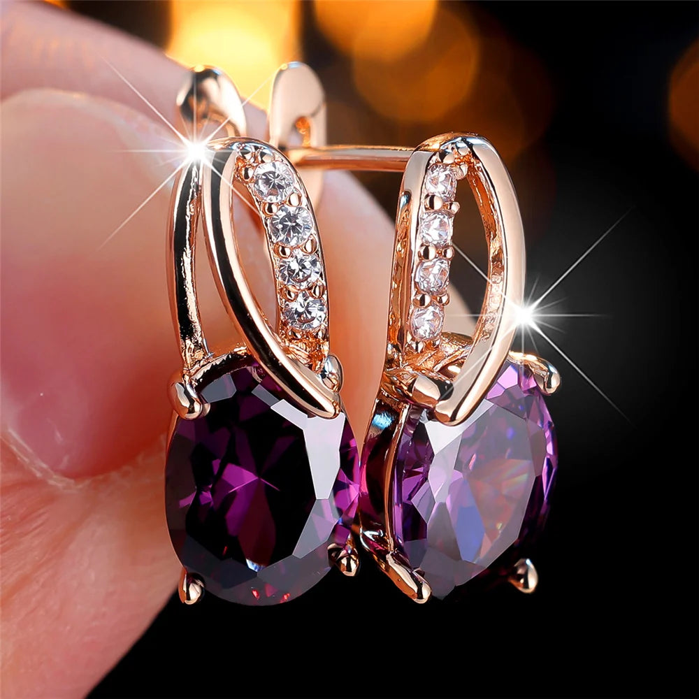 Luxury Female Purple Oval Zircon Stone Hoop Earrings Fashion Gold Color Wedding Jewelry For Women