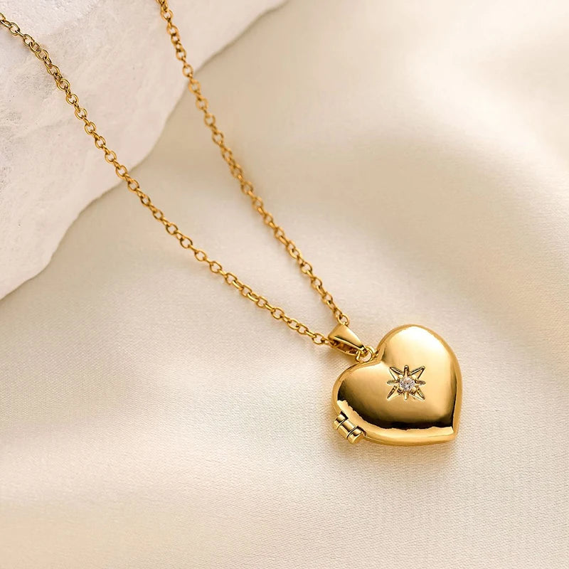 ANENJERY 316L Stainless Steel Openable Oval Heart Photo Frame Zircon Necklace For Women Delicate Vintage Jewelry Gifts Wholesale