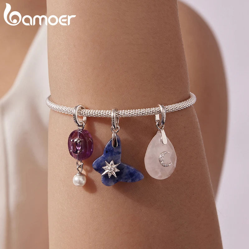 BAMOER 925 Sterling Silver Natural Crystal Pendant fit Original Bracelet DIY Bamoer Charm for Jewelry Making Party Gift