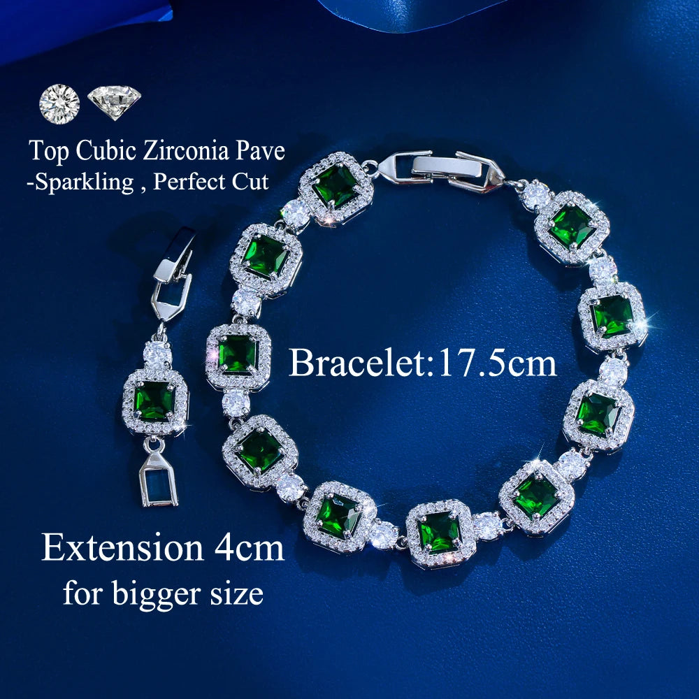 ThreeGraces Trendy Elegant Shiny Pink Green Square Zirconia Bridal Wedding Party Link Chain Bracelet Jewelry for Women BR600