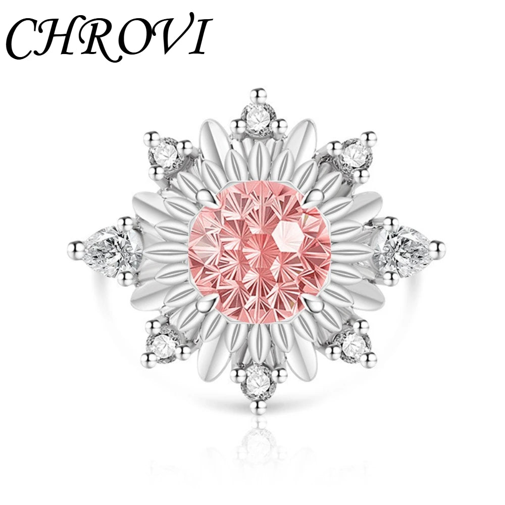 Luxurious 925 sterling silver gemstone flower chrysanthemum ring for women - ultra-shiny sunflower style finger ring