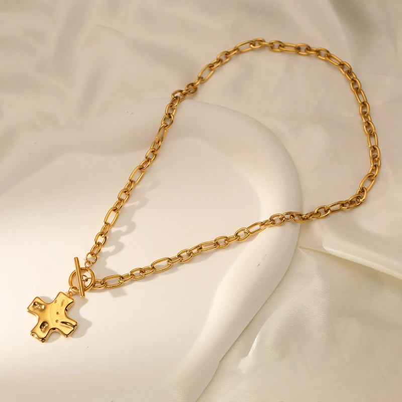 EILIECK 316L Stainless Steel Metal Cross Pendant Necklace For Women Trendy Gold Color OT Clasp Neck Chain Waterproof Jewelry