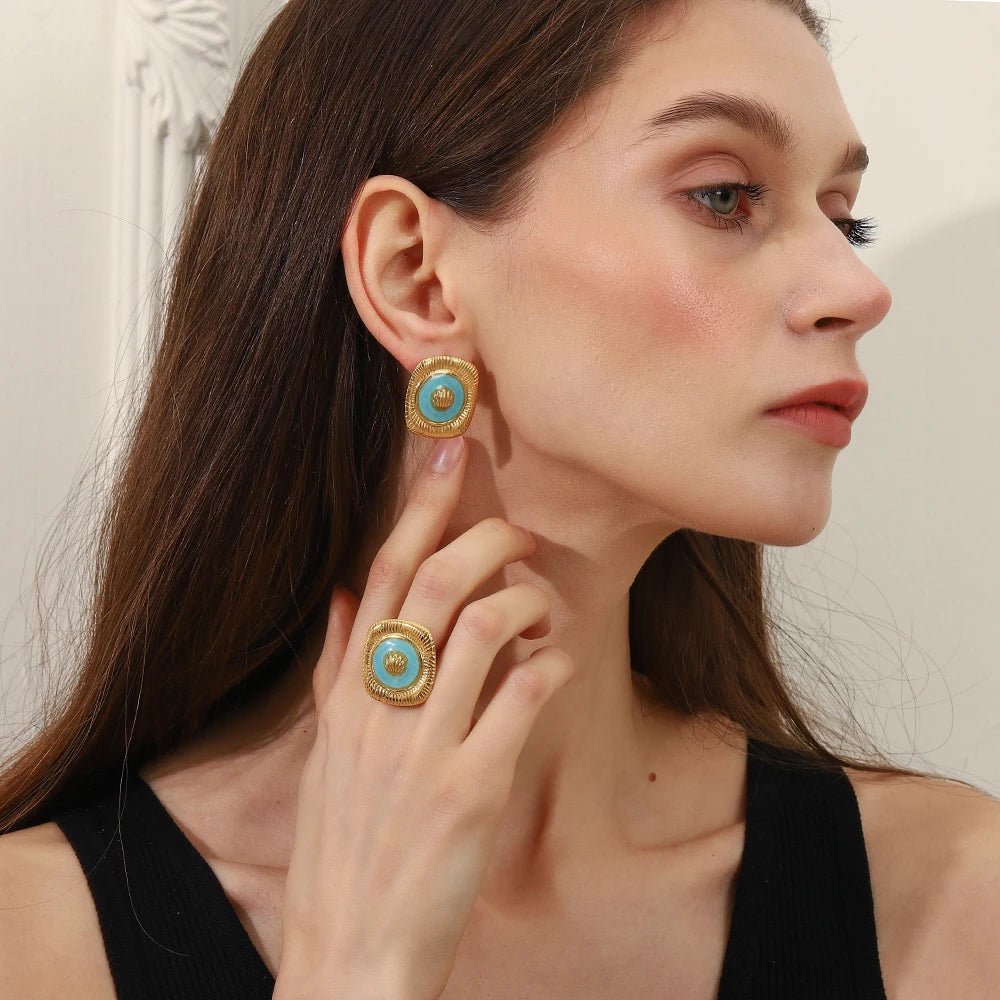 E.B.belle New Design Blue Drop Oil Square Shell Trendy Women's Earrings Rings 18K Gold Plated Stainless Steel Jewelry Set