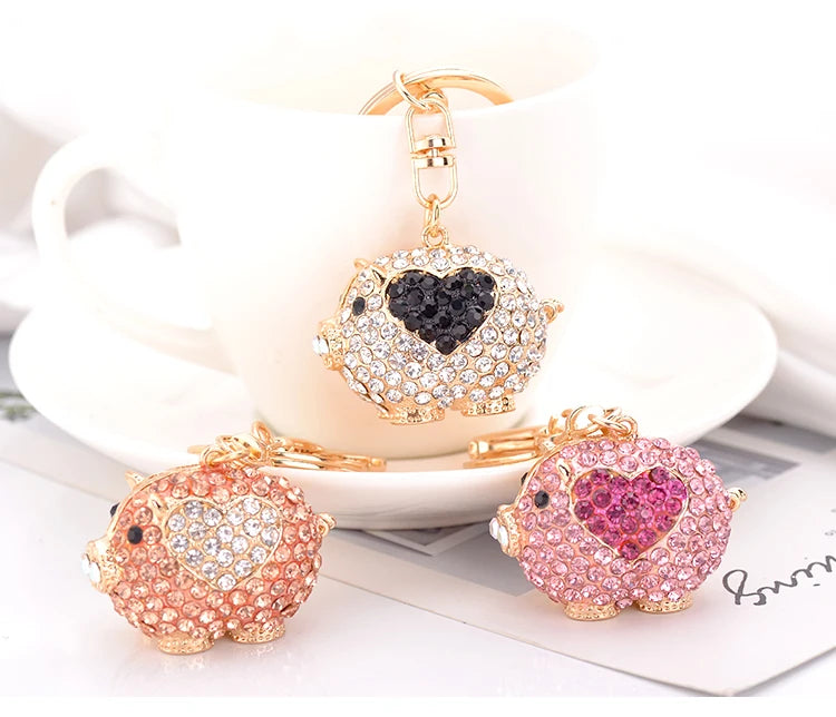 EASYA Cute Pig Shape Keychain Bag Key Ring Kawaii Anime Vintage Metal Crystal High-end Luxury Ladies Charm Jewelry gifts friends