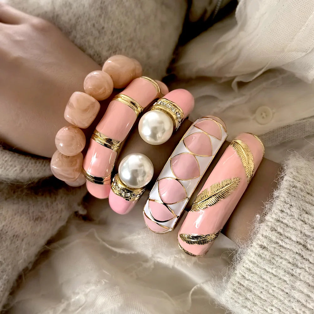 KMVEXO Sweet Pink Enamel Metal Spring Bangles For Women Exaggerated Geometric Wide Cuff Bracelets Girl's Aesthetic Jewelry