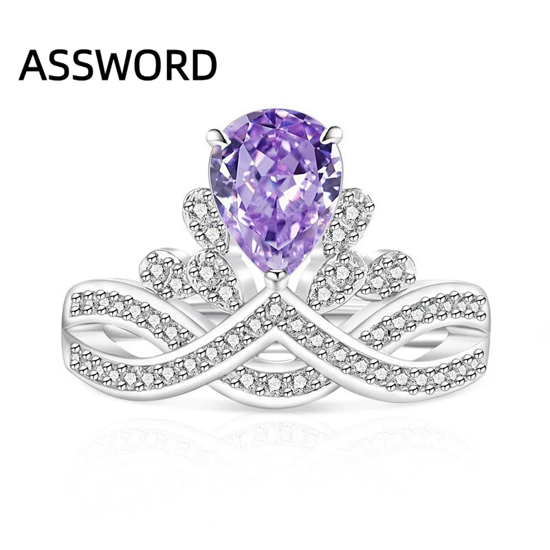 925 Sterling Silver Crown Teardrop Ice Flower Cut Cubic Zirconia Ring Twisted Split Shank Wedding Jewelry Gift for Women