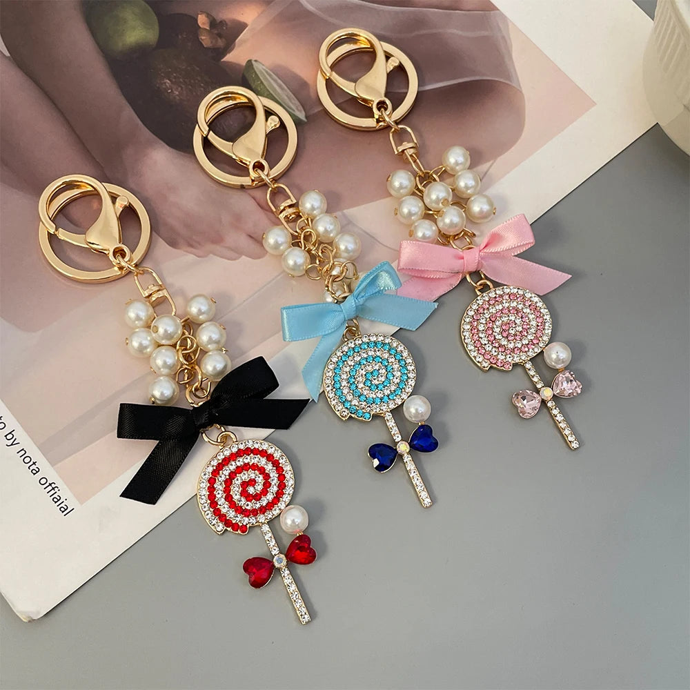 Cartoon Anime Love Pearl Blue Crystal Bow Lollipop Keychain Souvenir Gift for Family Friends