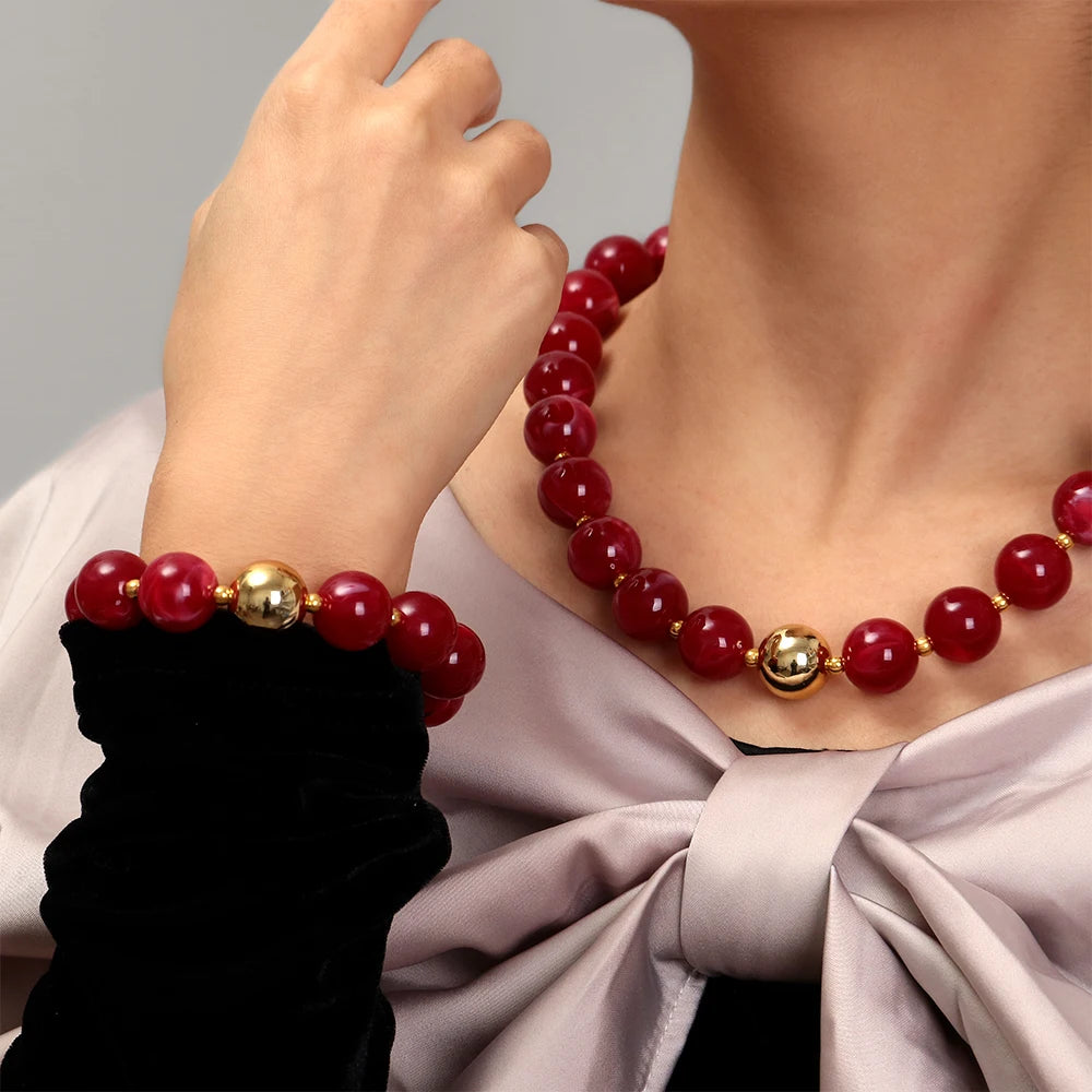 Trendy Acrylic Multicolor Round Beads Necklace Bracelet Set Resin Geometric Beaded Choker Necklaces 2026 Fashion Jewelry