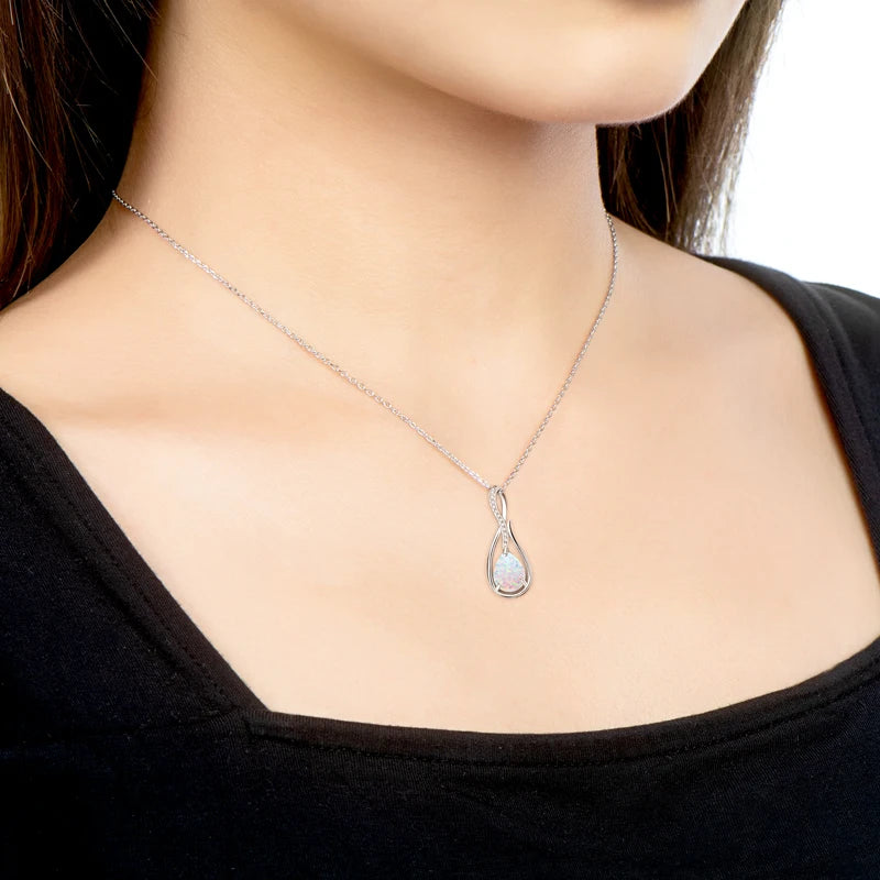 925 Sterling Silver Fashion Zircon Necklace 10x7mm Water Drop White Opal Ladies Pendant Necklace for Women Elegant Gemstone Gift