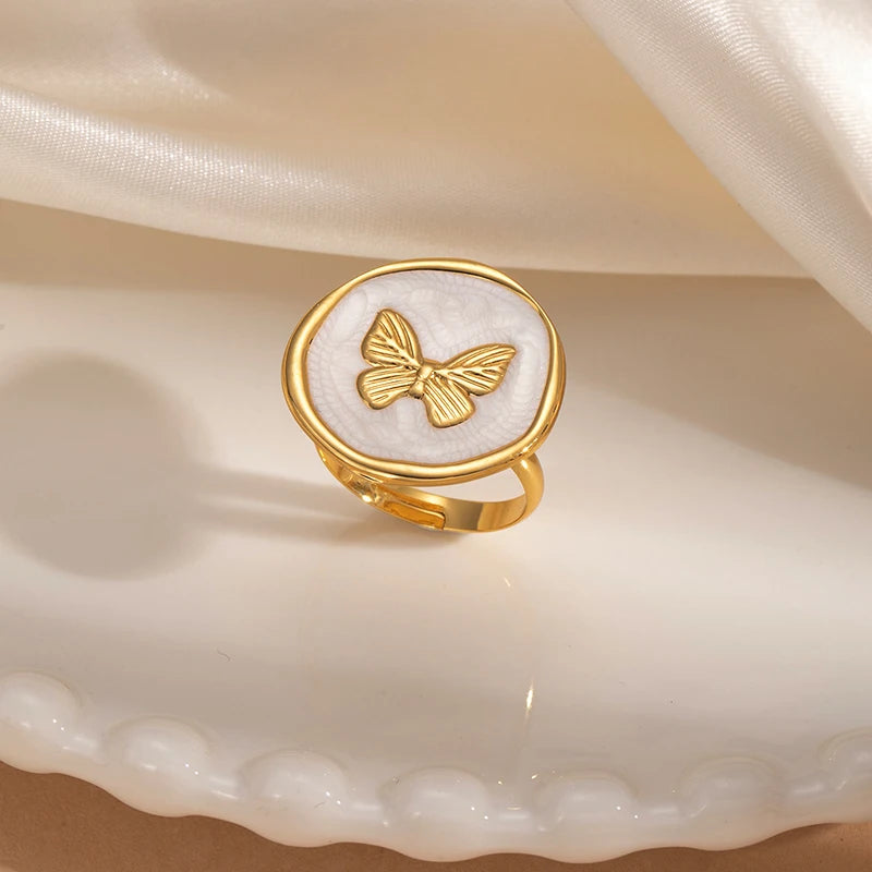ANENJERY 316L Stainless Steel Geometric Circular Heart Waterdrop Enamel Ring For Women Luxury Temperament Fashion Jewelry Gifts