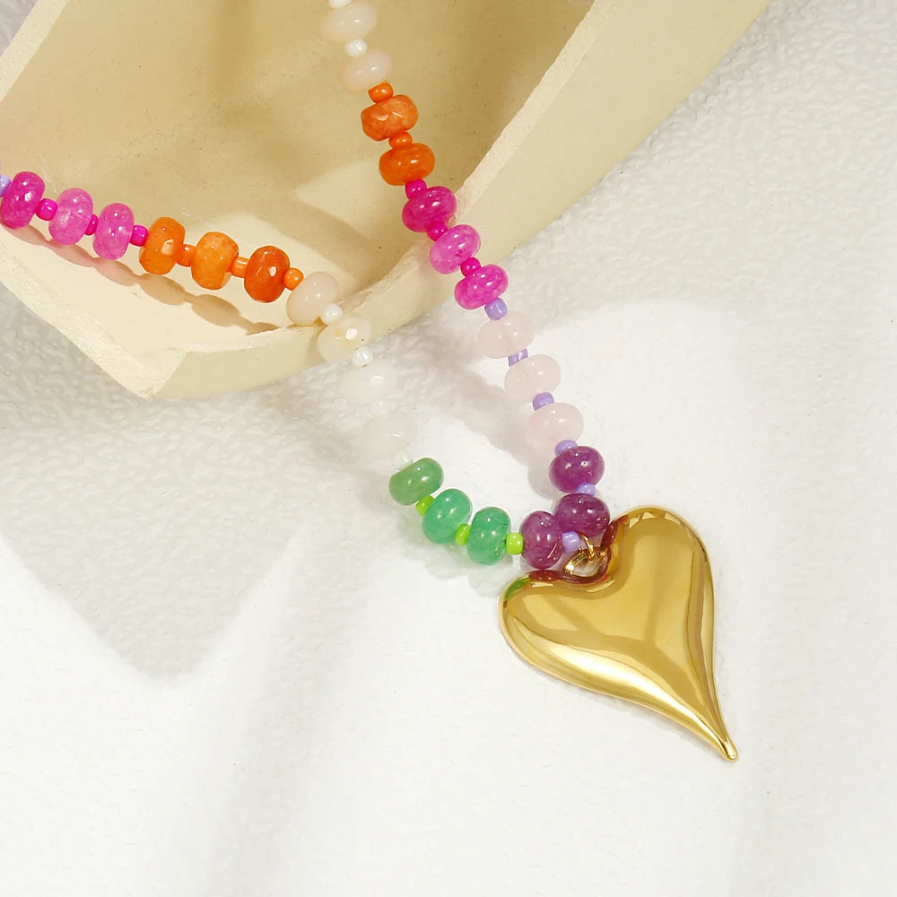 Badu Rainbow Gemstone Stainless Steel Flower Heart Shape Pendant Necklace for Women Boho Vacation Party Jewelry Gift Waterproof