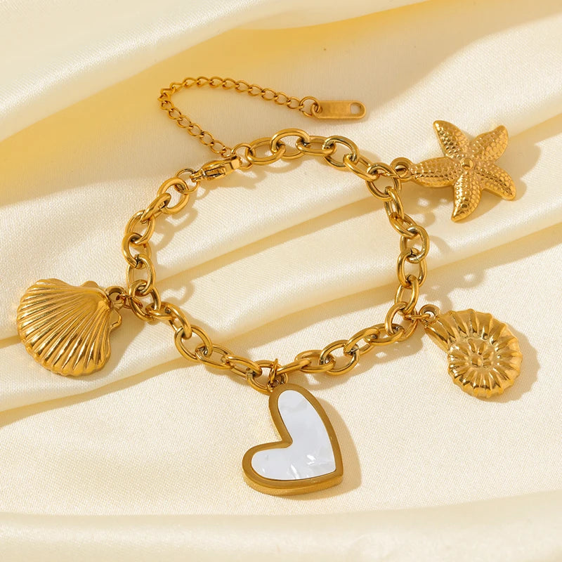 EILIECK 316L Stainless Steel Metal Starfish Shell Seahorse Bracelet For Women Trendy Wrist Chain Waterproof Beach Jewelry Gift