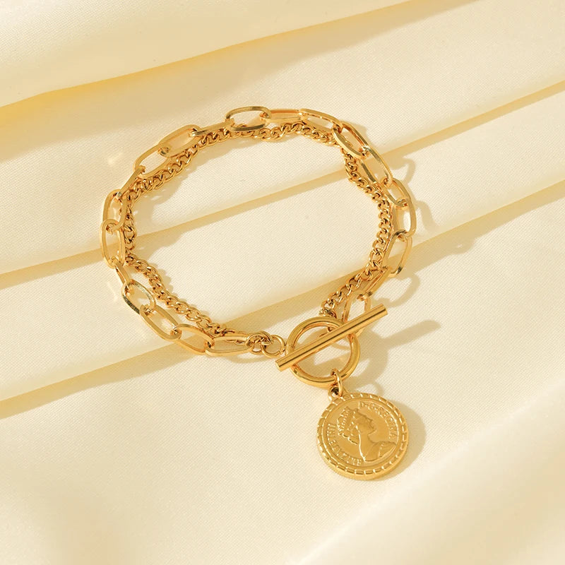 EILIECK 316L Stainless Steel Gold Color Portrait Coin Necklace Bracelets Set For Women New Trendy OT Buckle Waterproof Jewelry