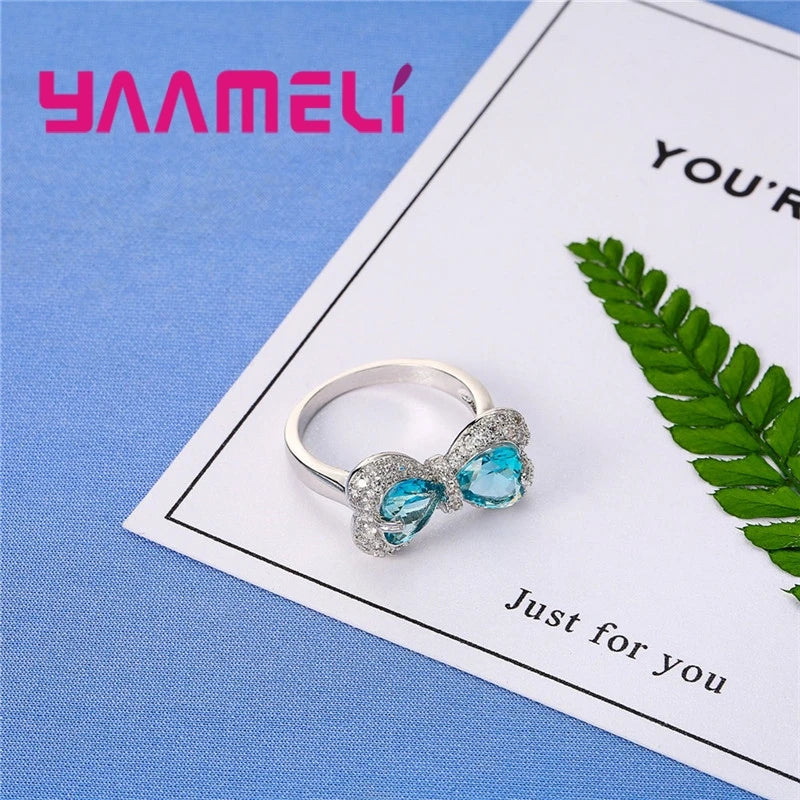Popular Sweet Bowknot Shape Shininy Crystals 925 Sterling Silver Color Finger Rings For Girls Best Gifts Trendy Bague Jewelry