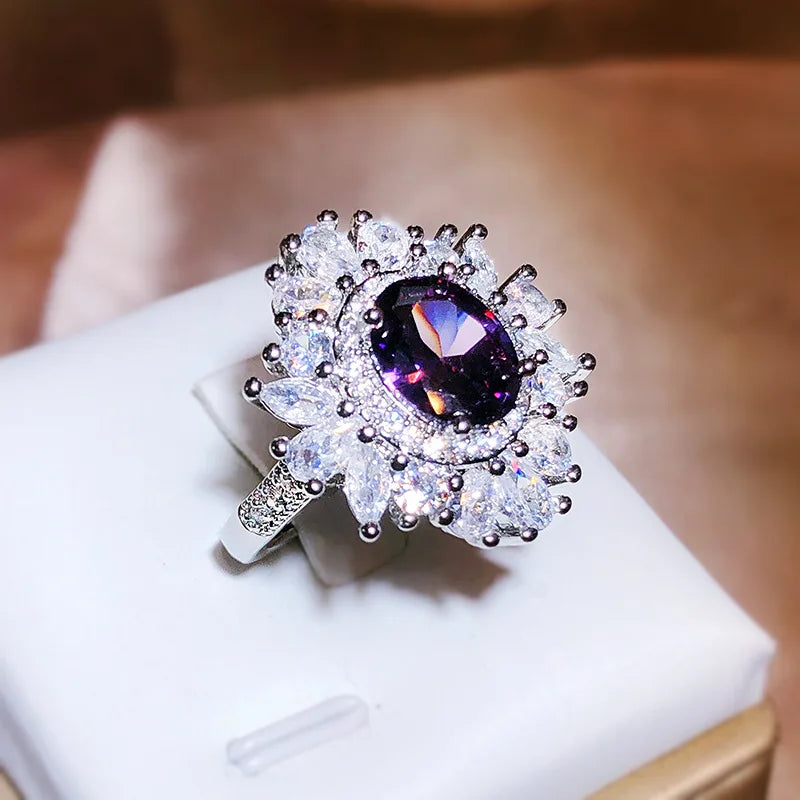 Classic Long Pillow Deep Purple Zircon Full Diamond Ring For Women 925 Silver Fashion Simulation Amethyst Open Ring Wedding Gift