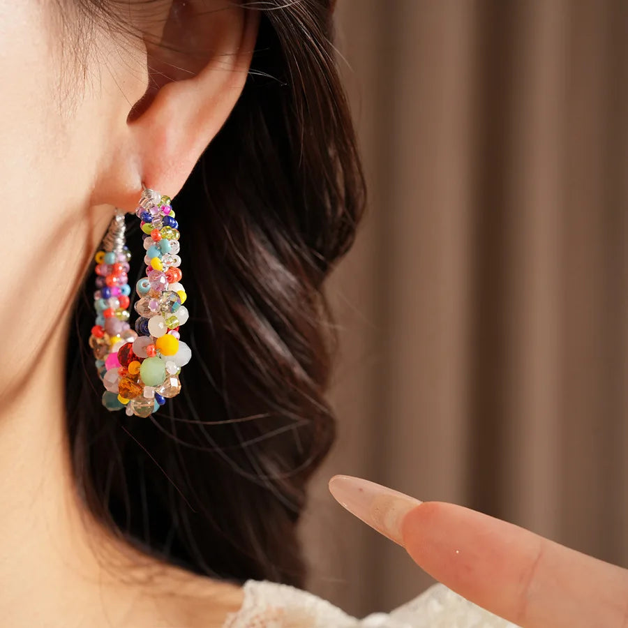 Colorful Glass Beaded Cluster Hoop Earrings for Women Shiny Wrapped Circle Huggie Earrings Vacation Festival Beach Jewelry N