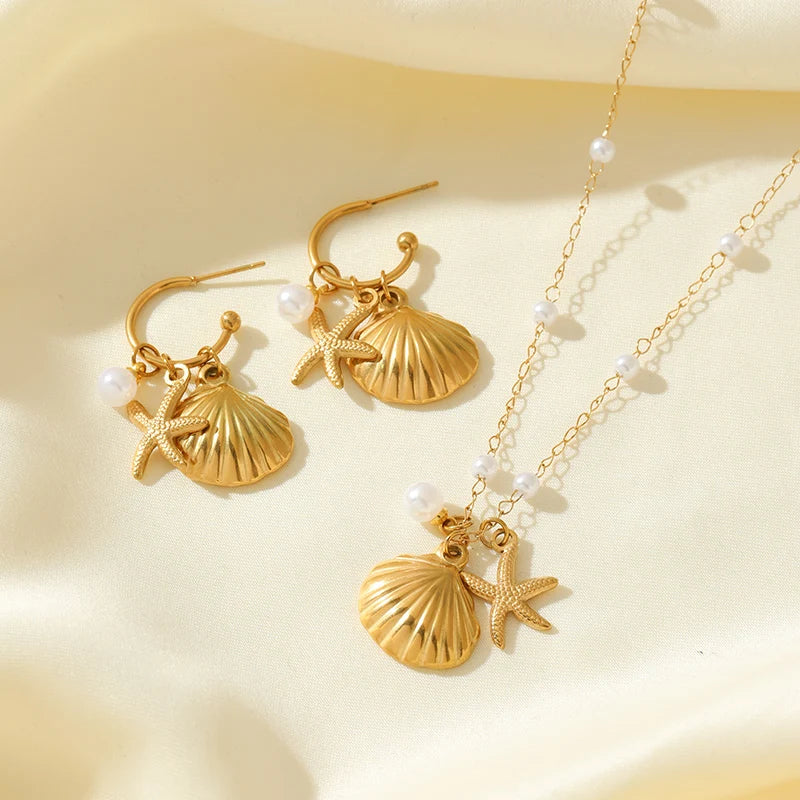 EILIECK 316L Stainless Steel Gold Color Starfish Shell Pearl Necklace Earrings Set For Women Trendy Waterproof Jewelry Lady Gift