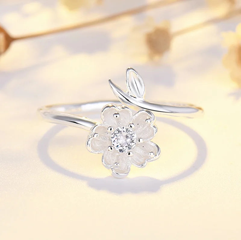 925 Sterling Silver Ring Adjustable Open Flowers Couple Engagement Rings For Women Wedding Ring Party Fashion Jewelry Gift