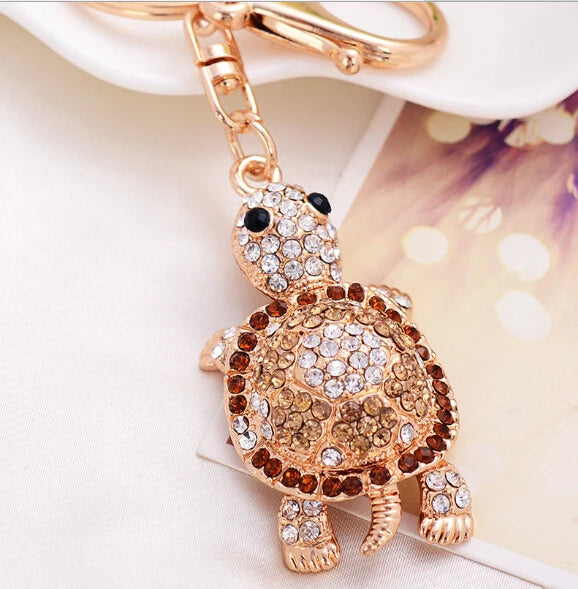 Fashion Rhinestone Crystal Metal Keychain Lovely Cartoon Marine Style Tortoise Fish Dolphin Keyring HandBag Car Pendant Gift