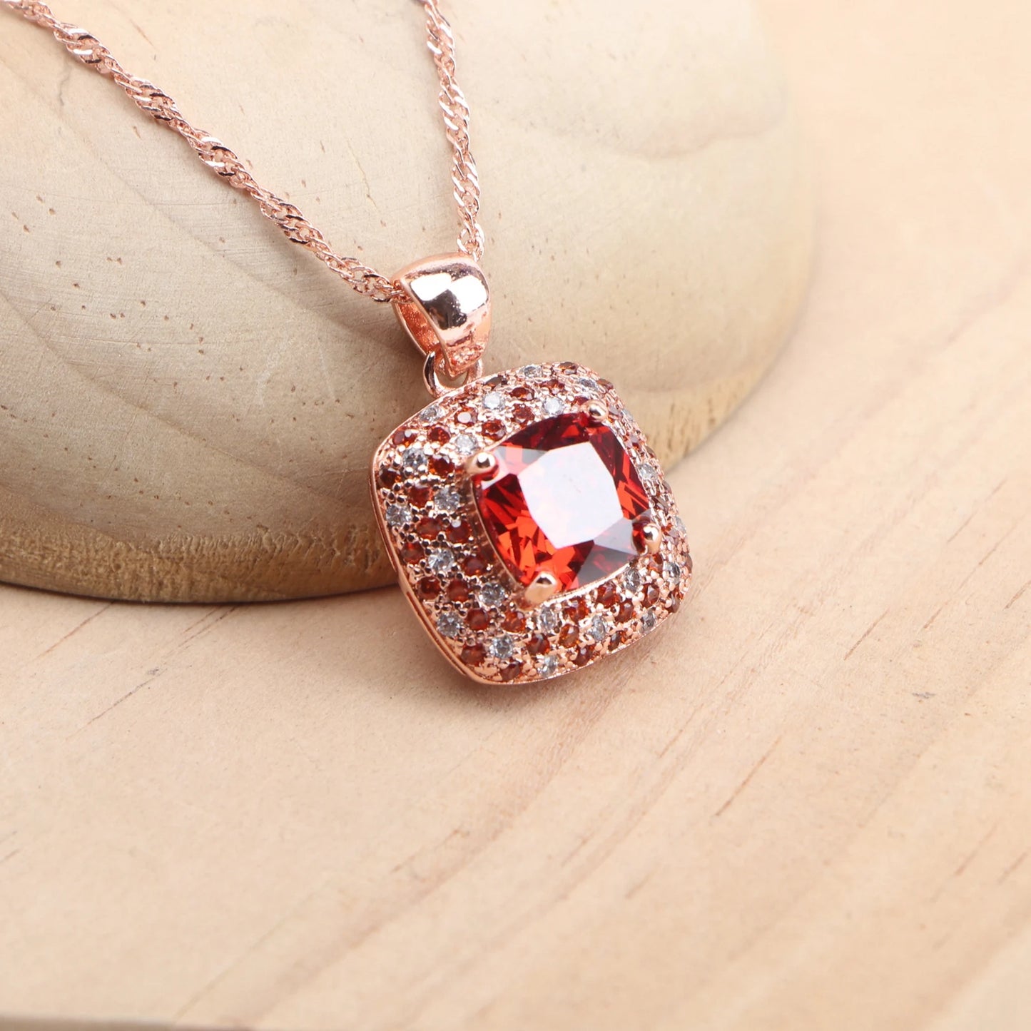 Bridal Jewelry Sets 925 Sterling Silver Rose Gold Color Red Zircon For Women Earrings Rings Pendant Wedding Necklace Set