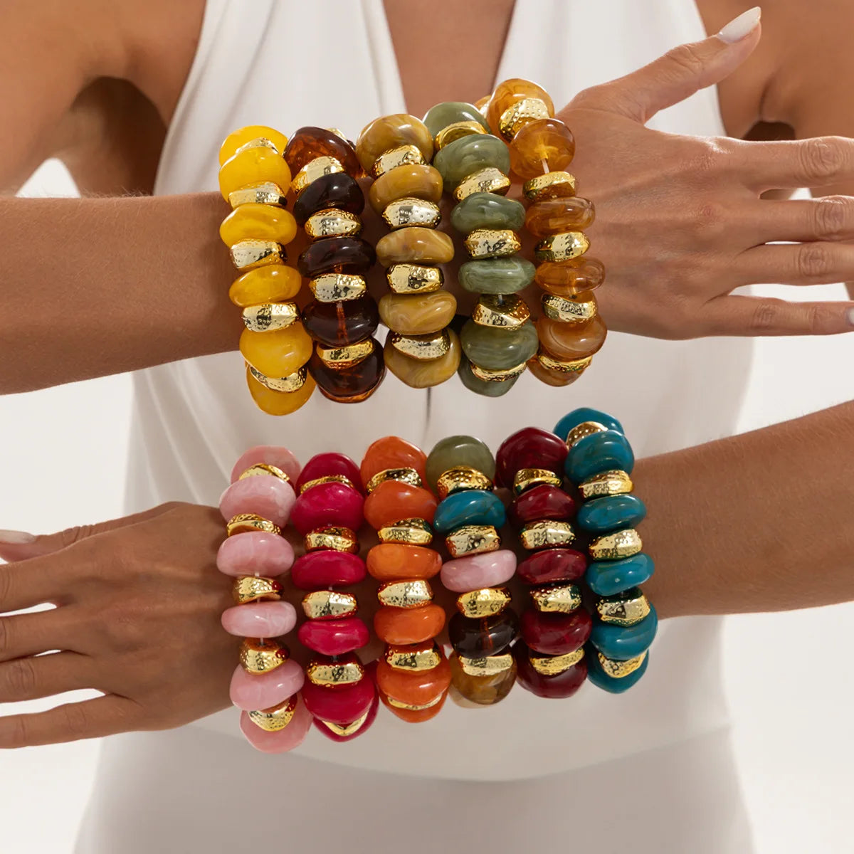 KMVEXO Bohemian Colorful Acrylic Beads Bracelet for Women New Trendy Resin Flat Round Elastic Bangles Statement Jewelry Gift