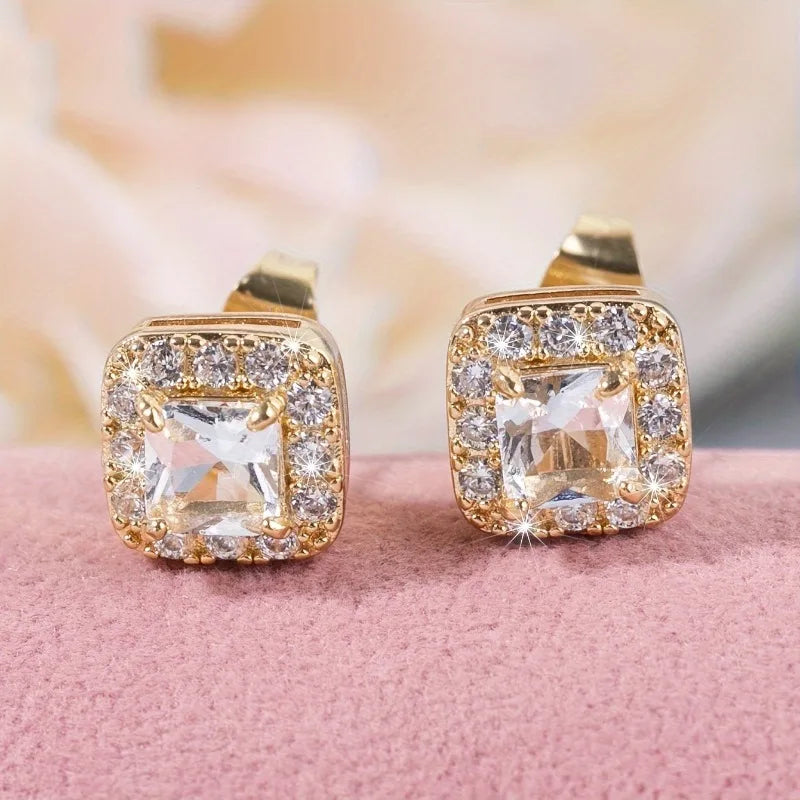 Eternity Green CZ Stud Earrings for Women Gold Color Luxury Bride Wedding Earrings Elegant Ear Accessories Party Jewelry