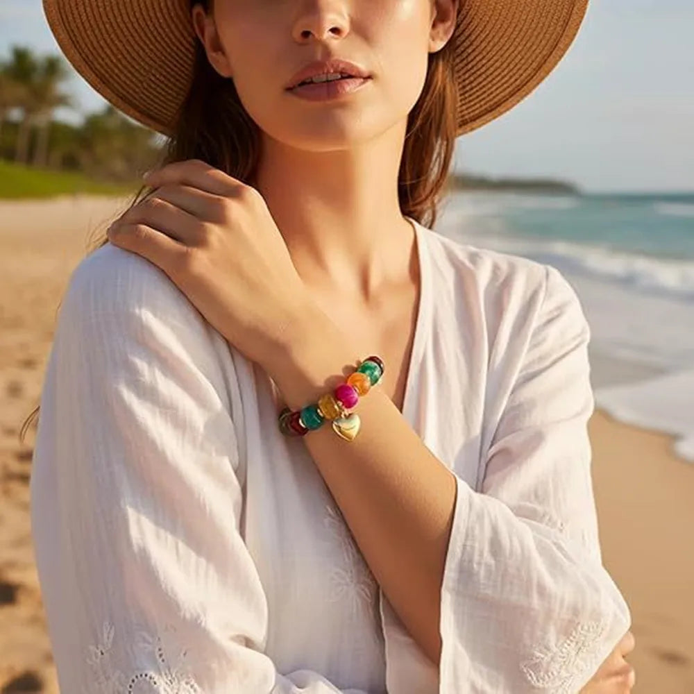Boho Colorful Geometric Beads Elastic Bracelets for Women Fashion Acrylic Flat Round Bead Bracelet Beach Jewelry Gifts