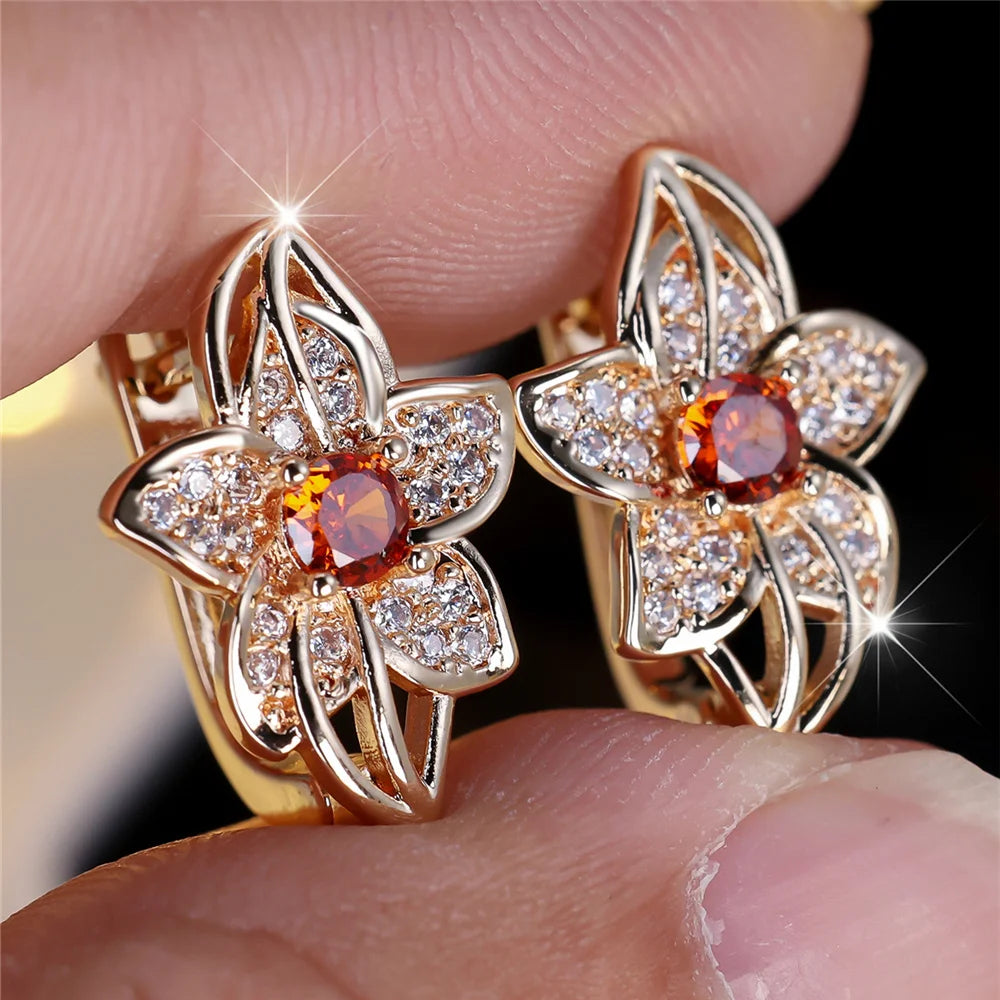 Cute Water Blue Red Zircon Hoop Earrings Female Luxury Crystal Rose Gold Color Wedding Jewelry For Women