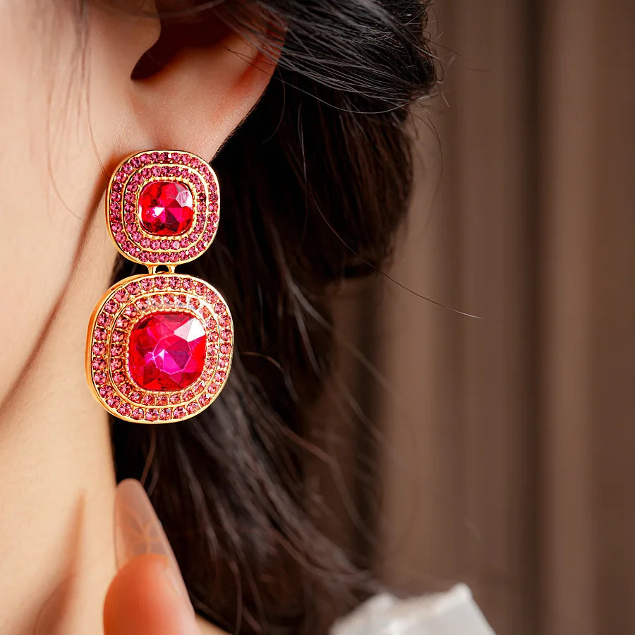 Vintage Full Rhinestones Square Dangle Earrings for Women Shiny Exquisite High-end Geometric Drop Earring Luxury Jewelry Gifts N