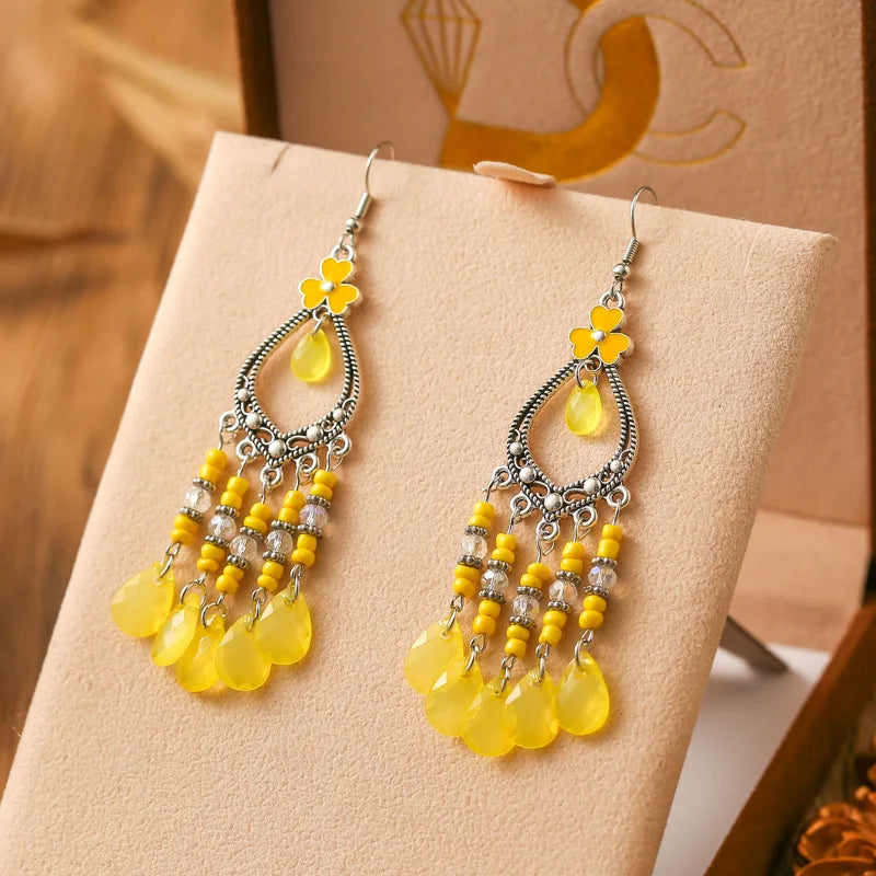 New Bohemian Long Rice Bead Water Drop Earrings for Women Ethnic Retro Drop Oil Hollow Dangle Earrings Vacation Party Jewelry