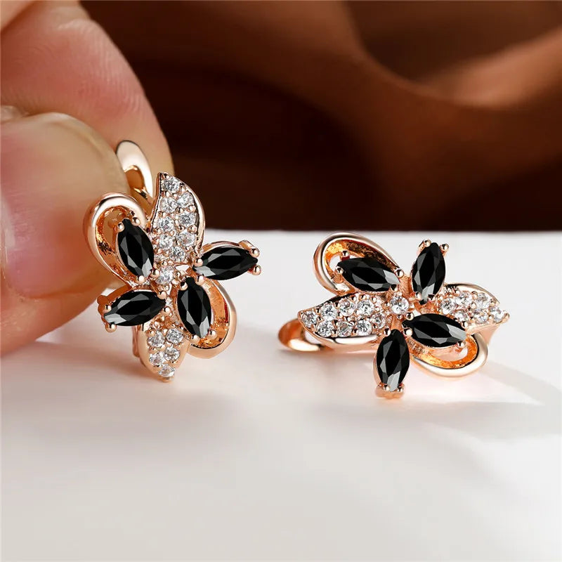 Cute Star Flower Multicolor Red Blue Zircon Stone Hoop Earrings Rose Gold Color Wedding Jewelry For Women