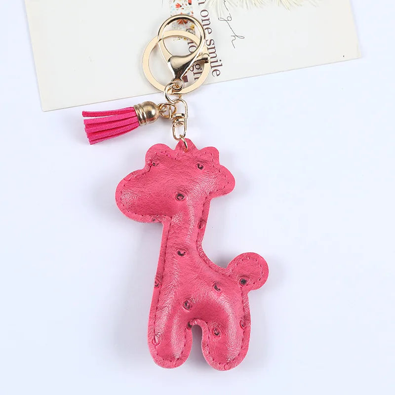 Fashion Cute PU Leather Giraffe keychain for Women Emboss Tassel Animal Key Chain Handbag Car Key Decoration Jewelry Gift