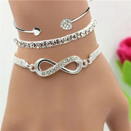 3Pcs Vintage Silver Color Crystal Rhinestone Heart Bracelets Set for Women Fashion Geometric Infinity Cuff Bangle Jewelry Gifts