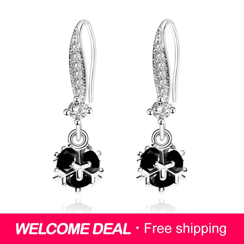 ZDADAN 925 Sterling Silver Black Round Zircon Drop Earrings For Women Fashion Wedding Jewelry Gift