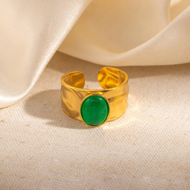 ANENJERY 316L Stainless Steel Colorful Stone Wide Smooth Open Ring for Women Men Elegant Noble Jewelry Gifts Wholesale