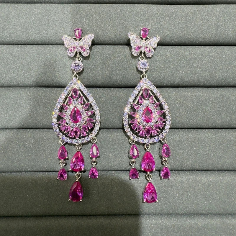 Luxury Cubic Zirconia Gemstone Bracelet Ring Earring Jewelry Set for Women Wedding Gift Colorful Stone Five Petal Flower Design