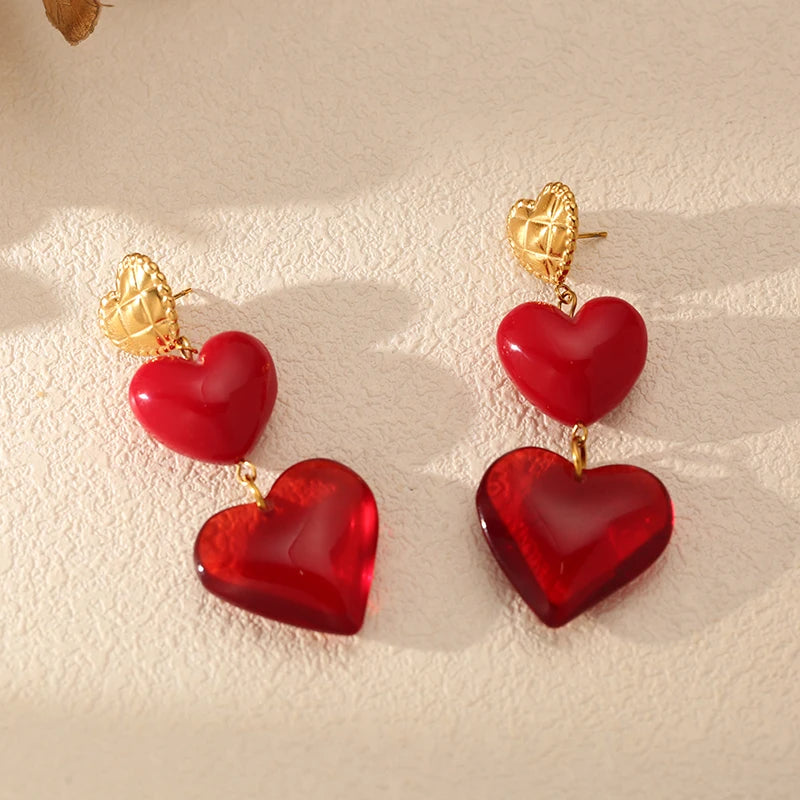 EILIECK 1pair New Stainless Steel Elegant Red Heart-Shaped Pendant Earrings For Women Fashion Ear Stud Waterproof Jewelry Gift
