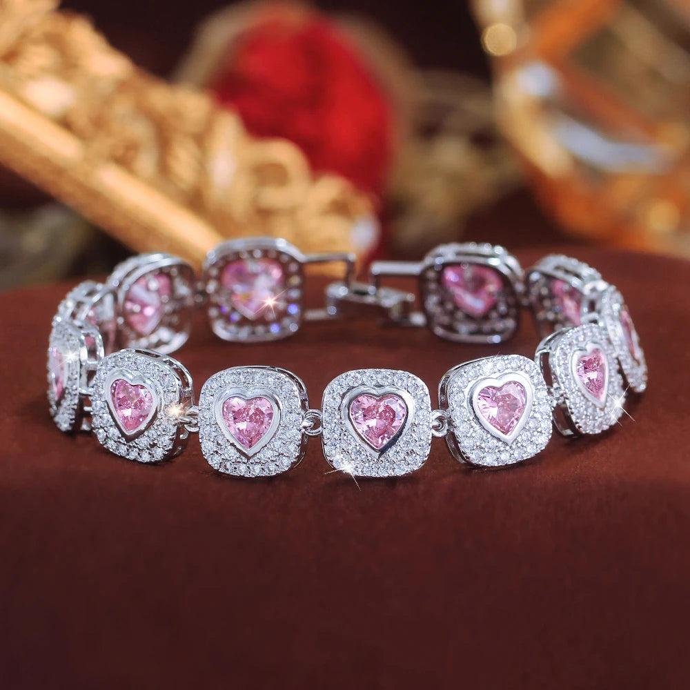 ThreeGraces Luxury Brilliant Pink Heart Zirconia Bridal Wedding Evening Party Geometric Link Chain Bracelet for Women BR474