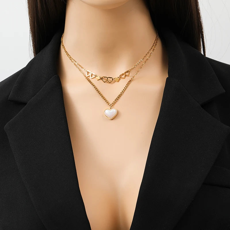 EILIECK 316L Stainless Steel Heart Love Pearl Pendant Necklace For Women Fashion Multilayer Neck Chain Jewelry Gift Collier