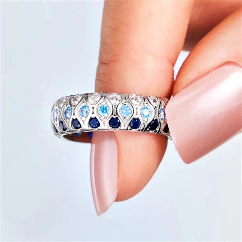 Cute Female White Blue Zircon Round Stone Silver Color Wedding Jewelry Promise Engagement Rings For Women