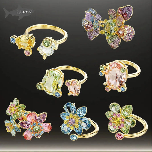 Rainbow Multicolor Cubic Zirconia Butterfly Flower Jewelry Set,Necklace Ring Bracelet Earring,Exquisite Light Luxury Vintage