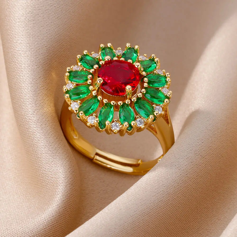 Stainless Steel Rings Gold Plated Colorful Stone Zircon Crystal Luxury Flower Ring For Women Wedding Jewelry Christmas Gift New