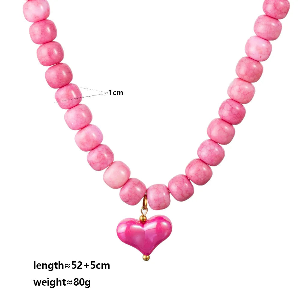 2026 European and American niche heart resin necklace handmade beaded fashion classic barrel bead DIY clavicle chain gift