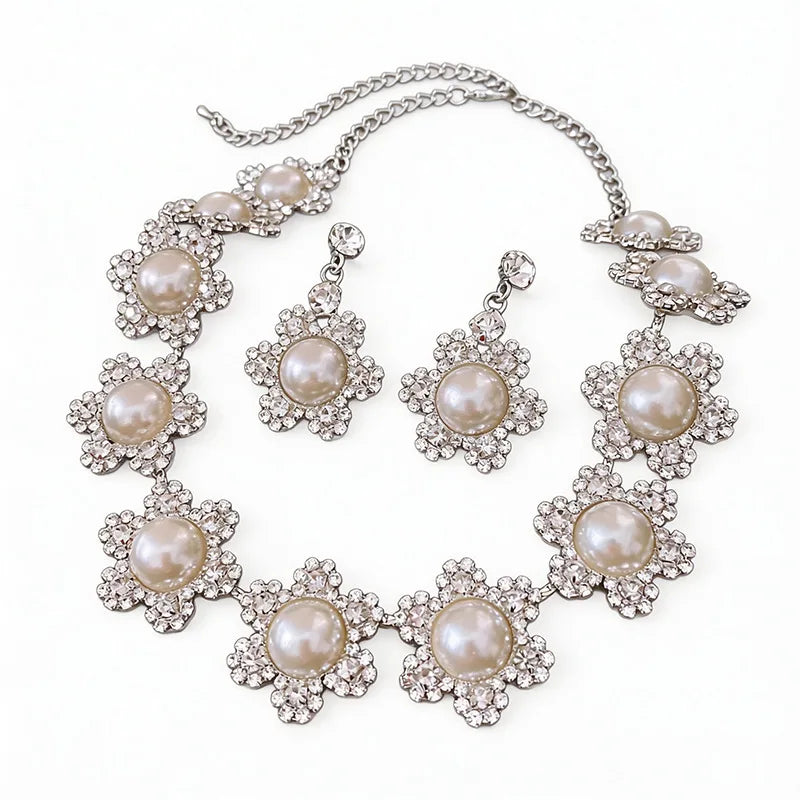 Rhinestone Pearls Flower Choker Necklace Earring sets Gifts Party Prom Wedding Dress Jewelry Sets for Women Accessories