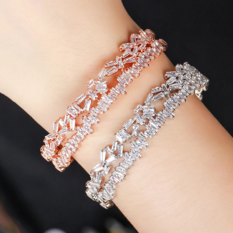 ThreeGrace Fashion Sparkling Cubic Zirconia Adjustable Size Bangle Ring Set for Women New Trendy Wedding Party Jewelry JS538