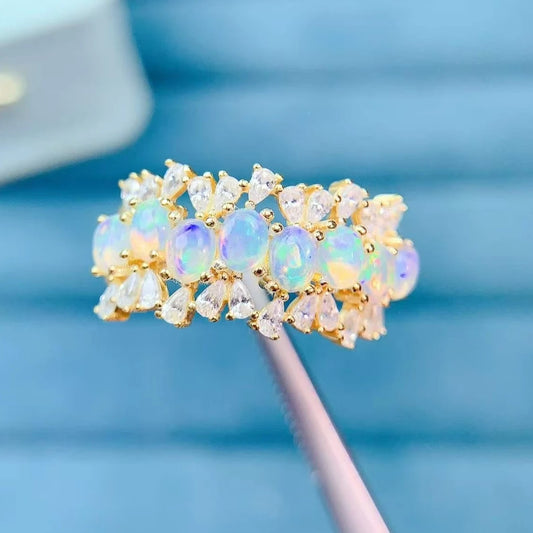 Sparkling 925 Silver Ring for Women 3x4mm Natural Opal Ring with Certificate Gold Plated Silver Opal Jewelry