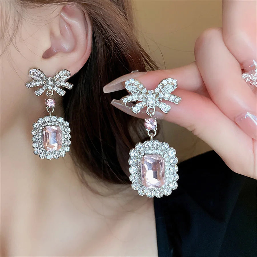 Sweet Square Pink Crystal Necklace Earrings for Women Girls Bowknot Earrings Wedding Bride Jewelry Sets Accessories